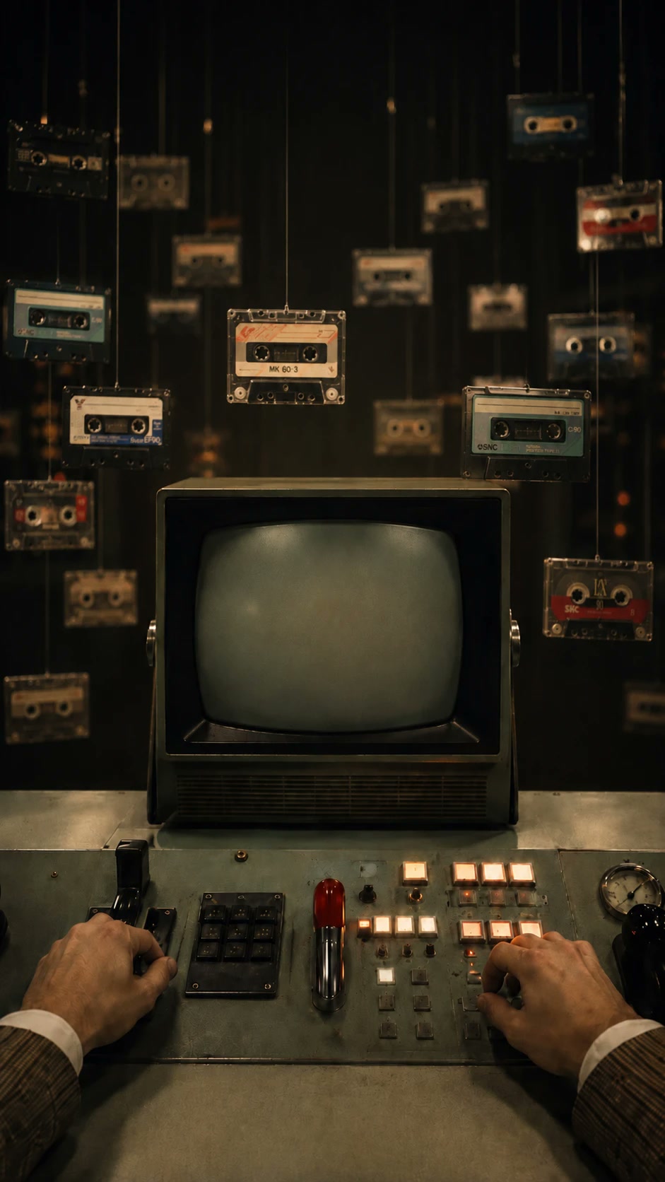 Dozens of cassette tapes hang on strings above a control console; an operator faces one small television.
